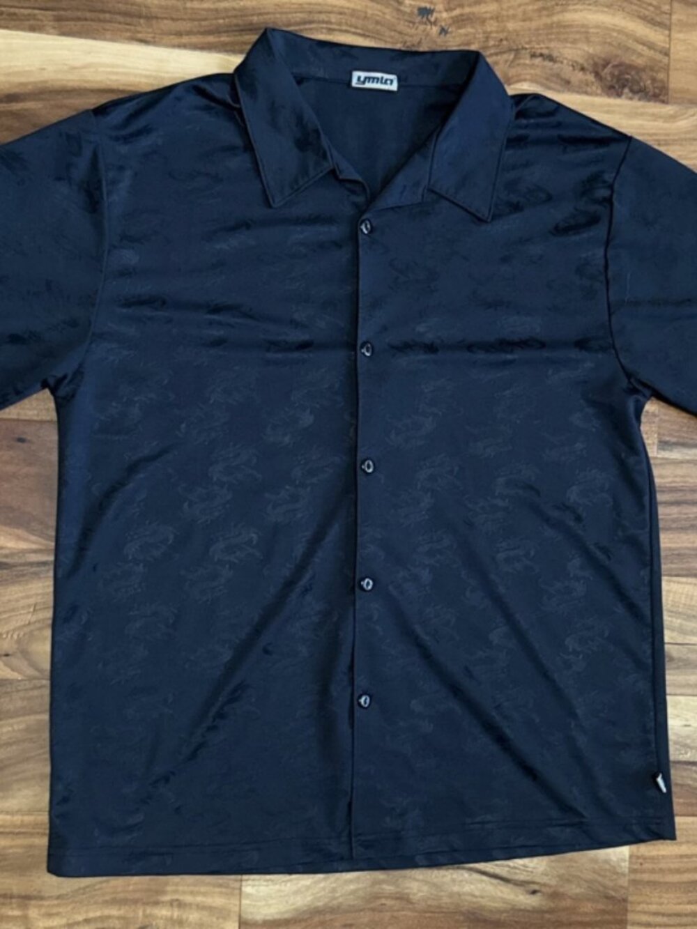 Vintage YMLA Button Up Shirt Men's XL Black Dragon Pattern USA Polyester